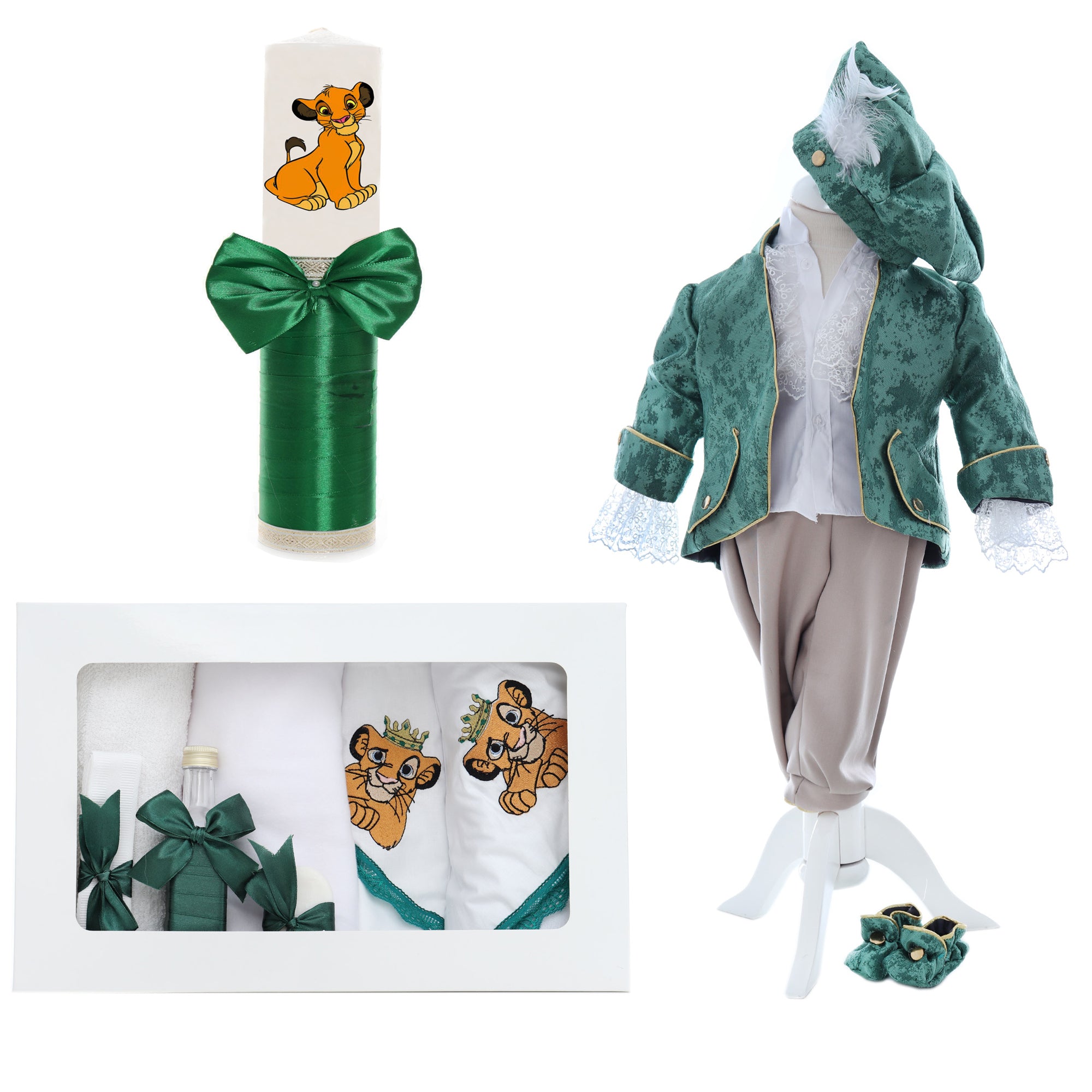 Set trusou complet pentru botez de Baieti, Verde, model Regele Leu, 13 piese, Costum Print, Lumanare cu Regele Leu, trusou brodat si pantofiori, Recostore®, REC2564
