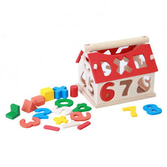 Joc educativ din lemn, tip casuta cu forme geometrice si cifre, dimensiune 10cm x 12.5cm x 13cm, REC2865