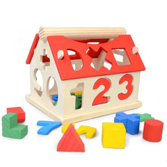 Joc educativ din lemn, tip casuta cu forme geometrice si cifre, dimensiune 10cm x 12.5cm x 13cm, REC2865