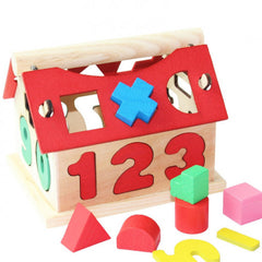 Joc educativ din lemn, tip casuta cu forme geometrice si cifre, dimensiune 10cm x 12.5cm x 13cm, REC2865