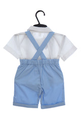 Costum cu maneca scurta pentru botez baieti, bleu compus din 4 piese, Pantaloni cu beretele, Camasa tip body, Papion si Bascuta, Recostore®, REC2707