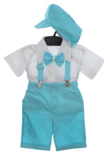 Trusou complet pentru botez de baieti personalizat cu Strumfi, costum cu maneca scurta, pantofiori, lumanare si trusou, turcoaz, 12 piese, Recostore®, REC2722