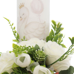 Lumanare botez cu Lebada si flori artificiale, 30x7 cm, roz pudrat, REC5002/39