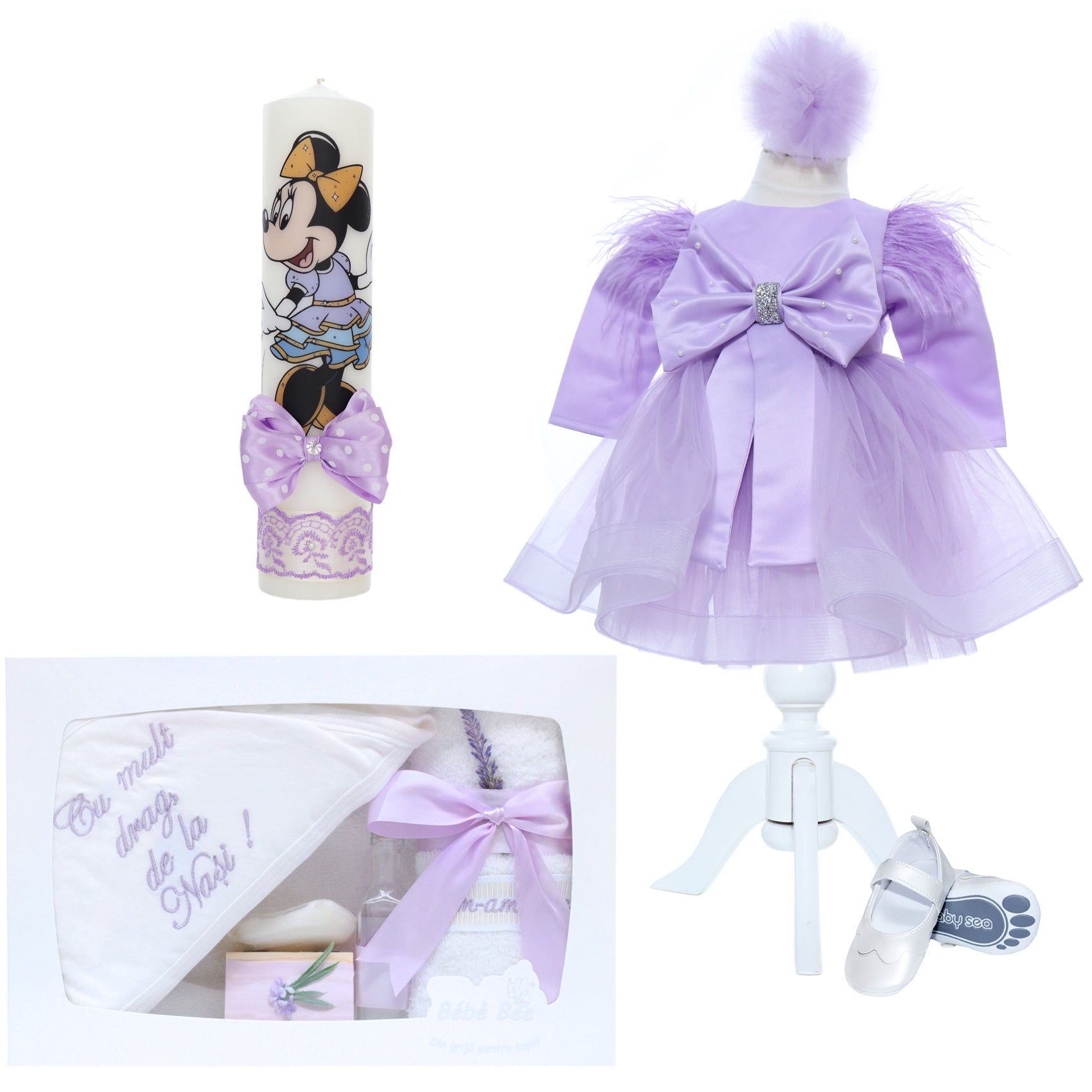Set trusou complet pentru botez de fete, lila,  model Minnie Mouse, 11 piese, Rochita cu funda, lumanare cu Minnie, trusou brodat si pantofiori, Recostore®, REC2499