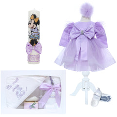 Set trusou complet pentru botez de fete, lila,  model Minnie Mouse, 11 piese, Rochita cu funda, lumanare cu Minnie, trusou brodat si pantofiori, Recostore®, REC2499