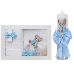 Set trusou botez cu ursulet bleu, lumanare si trusou, 8 piese, REC5013/14