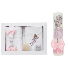 Set trusou botez cu balerina roz, lumanare si trusou, 8 piese, REC5013/16