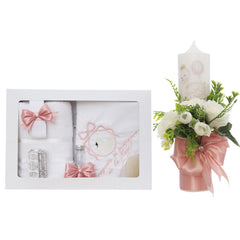 Set trusou botez cu lebada roz pudrat, lumanare si trusou, 8 piese, REC5013/17