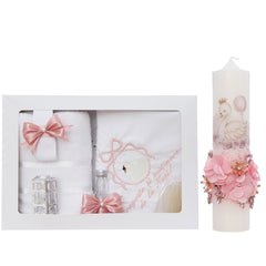 Set trusou botez cu lebada roz pudrat, lumanare si trusou, 8 piese, REC5013/21