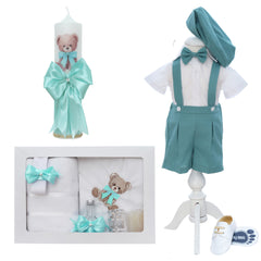 Set trusou de vara pentru botez baietel, model ursulet verde menta, 13 piese, REC3483