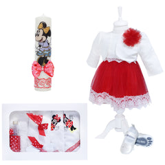 Set trusou complet pentru botez de fete, rosu, model Minnie Mouse, 12 piese, Rochita, lumanare cu Minnie, trusou brodat si pantofiori, Recostore®, REC2502