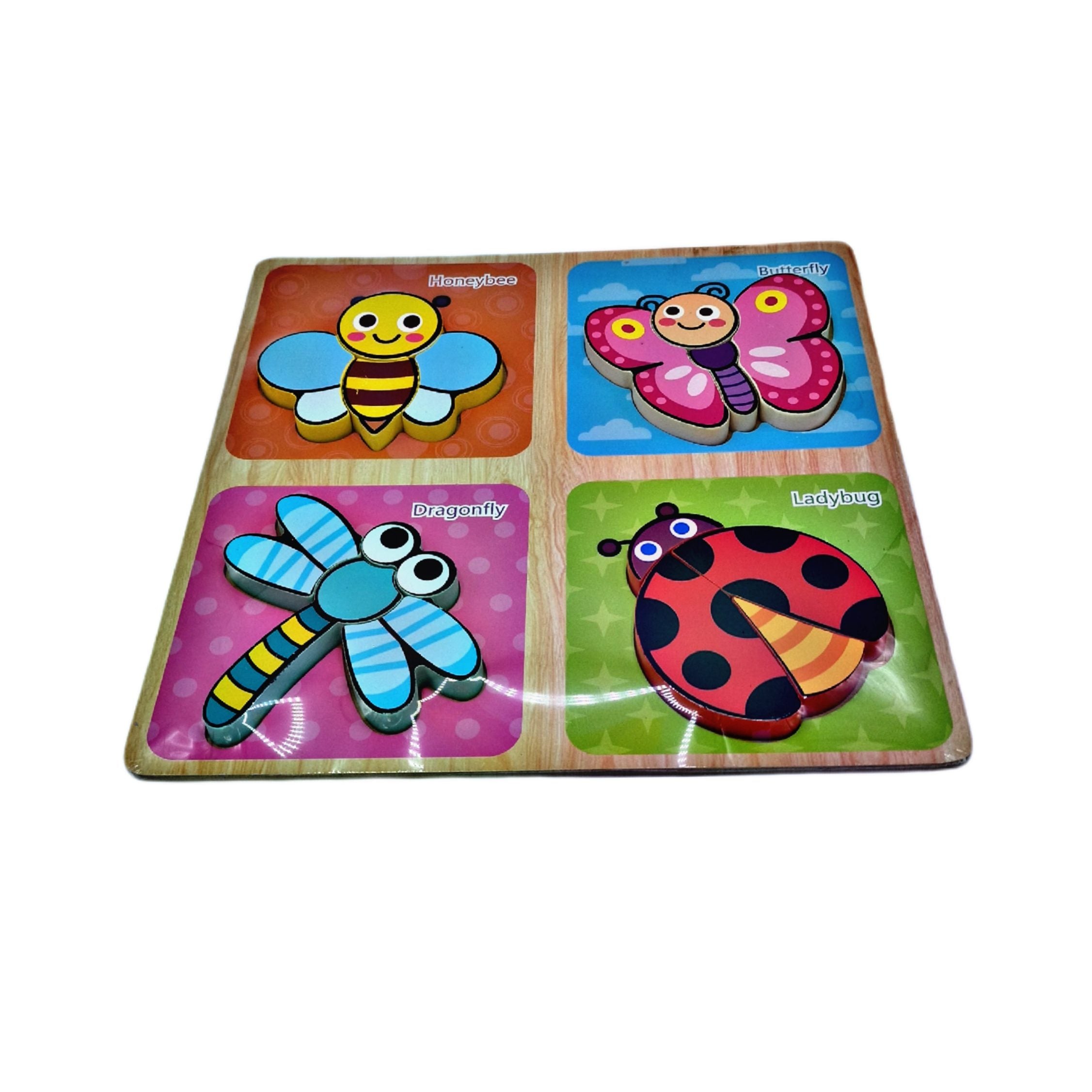 Puzzle din lemn, model insecte, dimensiune 30cm x 30cm x 1cm, 18 piese, REC2954