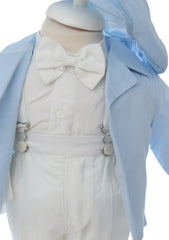 Costum botez baieti, bleu compus din 5 piese, Sacou, Camasa, Pantaloni cu bretele, Papion si Bascuta, REC2602
