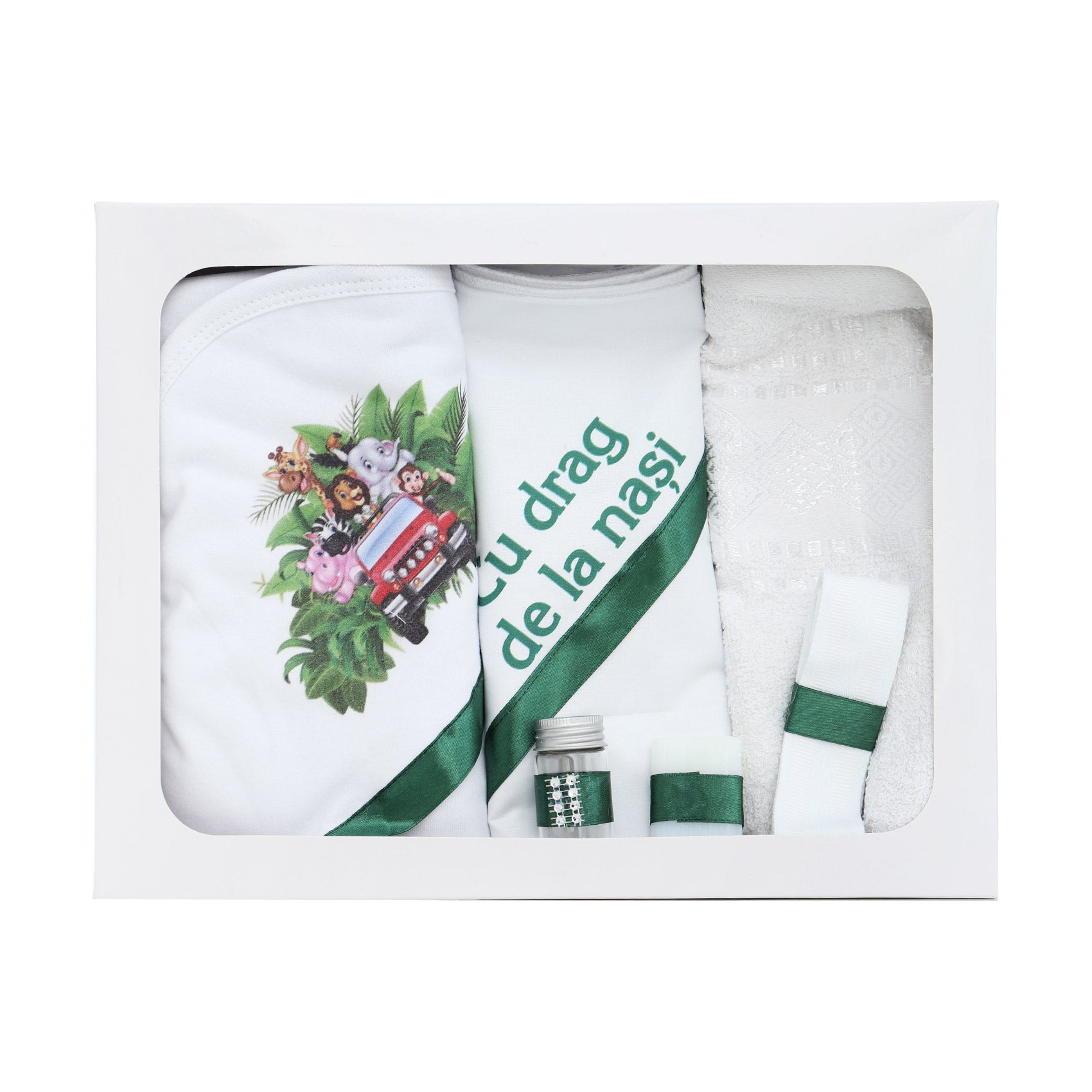 Trusou pentru botez de baieti, Model imprimat cu Safari, verde, 6 piese,  Recostore®, REC2510
