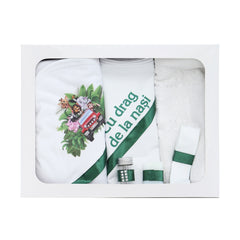 Set trusou complet pentru botez de baieti, verde, model Safari, 13 piese, Costum, Lumanare cu Safari, trusou imprimat si pantofiori, Recostore®, REC2596