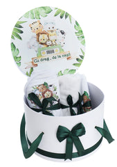Set trusou complet pentru botez de baieti, verde, model Safari, 15 piese, Costum, Lumanare cu Safari, trusou imprimat si pantofiori, Recostore®, REC2597