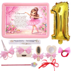 Tava mot fete, aniversare 1 an, model cu balerina, catifea roz, 10 piese, 34x25 cm, REC5011/37