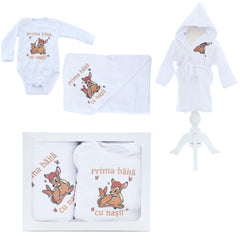 Set pentru prima baita cu nasii, halat, prosop si body, Caprioara Bambi, Recostore® REC2535