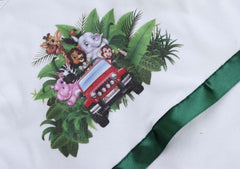 Set trusou complet pentru botez de baieti, verde, model Safari, 13 piese, Costum, Lumanare cu Safari, trusou imprimat si pantofiori, Recostore®, REC2596