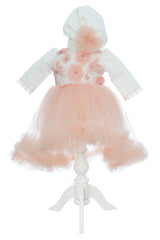 Rochita pentru botez, culoare somon, 2 piese, rochie si turban, REC3347