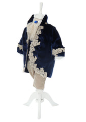 Trusou complet pentru botez de baieti, trusou brodat cu bebe print, lumanare cu bebe print, costum si pantofiori, bleumarin, 14 piese, Recostore®, REC2651