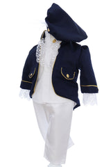 Costum print pentru botez baieti, 4 piese, bleumarin-alb, REC3356