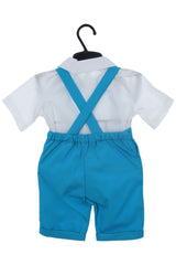 Costum cu maneca scurta pentru botez baieti, turcoaz compus din 4 piese, Pantaloni cu beretele, Camasa tip body, Papion si Bascuta, Recostore®, REC2705