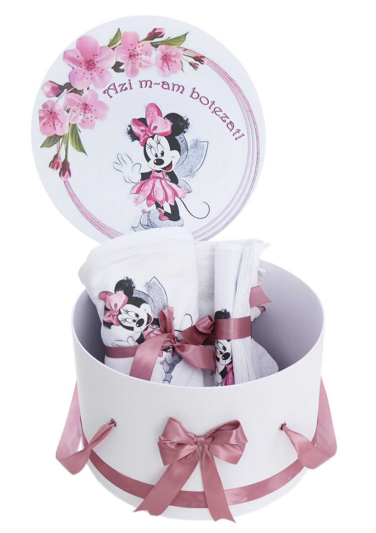 Trusou pentru botez de fete, Model Minnie Mouse, Roz pudrat, 8 piese,  Recostore®, REC2514