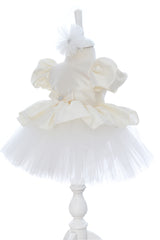 Rochita eleganta pentru botez, ivoire, 2 piese, rochie si bentita, REC3458