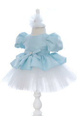Rochita eleganta pentru botez, bleu, 2 piese, rochie si bentita, REC3459