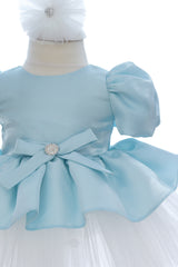 Rochita eleganta pentru botez, bleu, 2 piese, rochie si bentita, REC3459