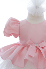 Rochita eleganta pentru botez, roz, 2 piese, rochie si bentita, REC3461
