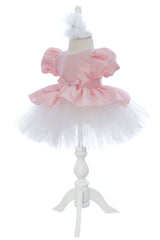 Rochita eleganta pentru botez, roz, 2 piese, rochie si bentita, REC3461