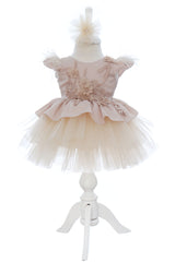 Rochita eleganta pentru botez, crem, 2 piese, rochie si bentita, REC3462