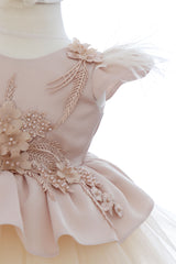Rochita eleganta pentru botez, crem, 2 piese, rochie si bentita, REC3462