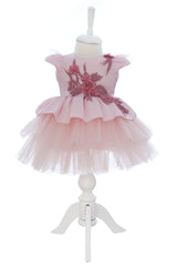 Rochita eleganta pentru botez, roz pudrat, 2 piese, rochie si bentita, REC3463