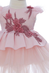 Rochita eleganta pentru botez, roz pudrat, 2 piese, rochie si bentita, REC3463
