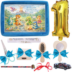 Tava mot baieti, aniversare 1 an, model cu Dinozauri, catifea turcoaz, 10 piese, 34x25 cm, REC5011/41