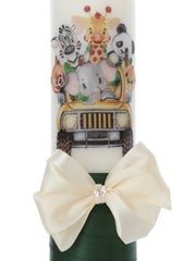 Trusou complet pentru botez de baieti personalizat cu Safari, lumanare cu Safari, costum si pantofiori, Verde, 15 piese, Recostore®, REC2753