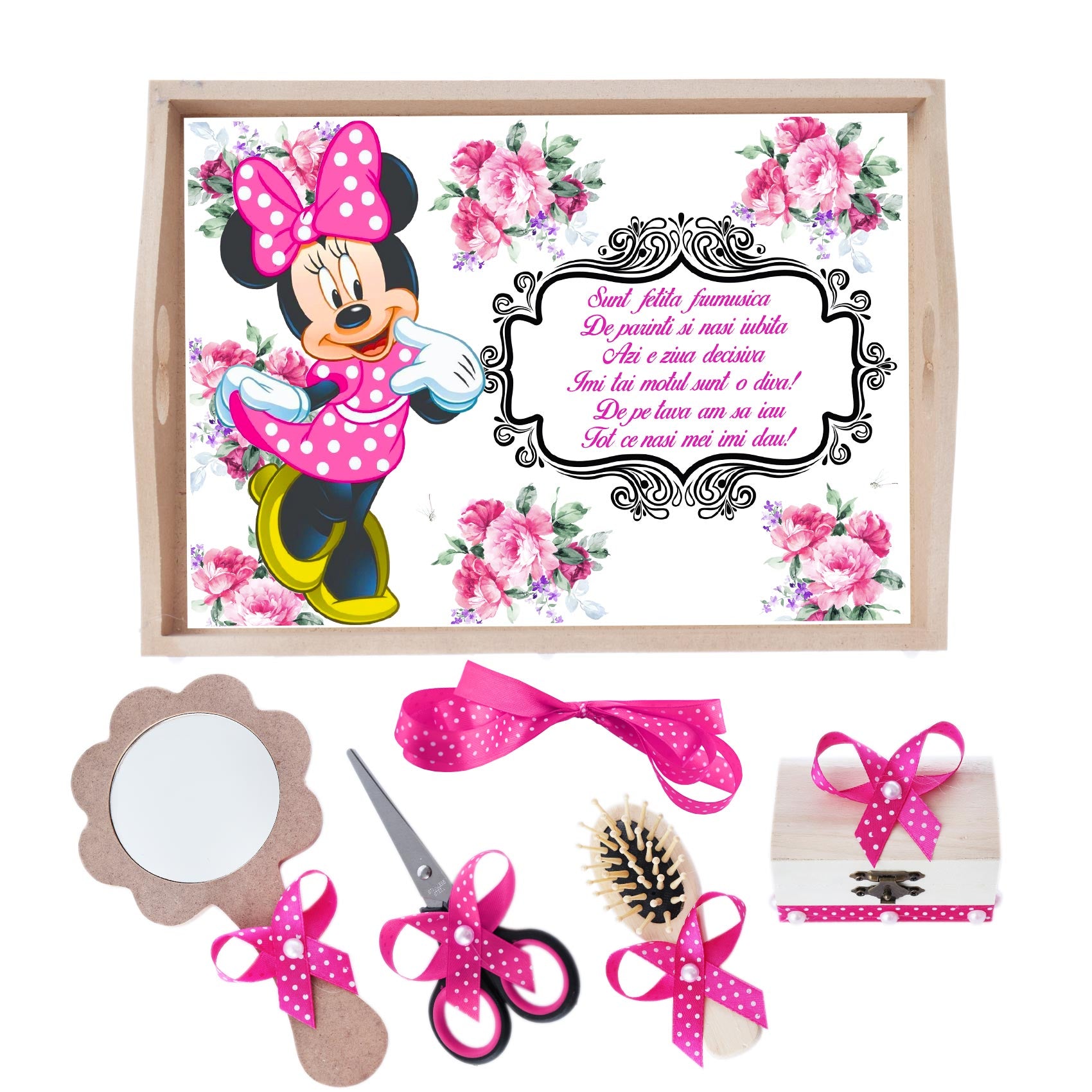 Set tava pentru taiere mot/turta la fetite, Model cu Minnie Mouse, ciclam, 6 piese, 35x20 cm, Recostore®, REC1967/243