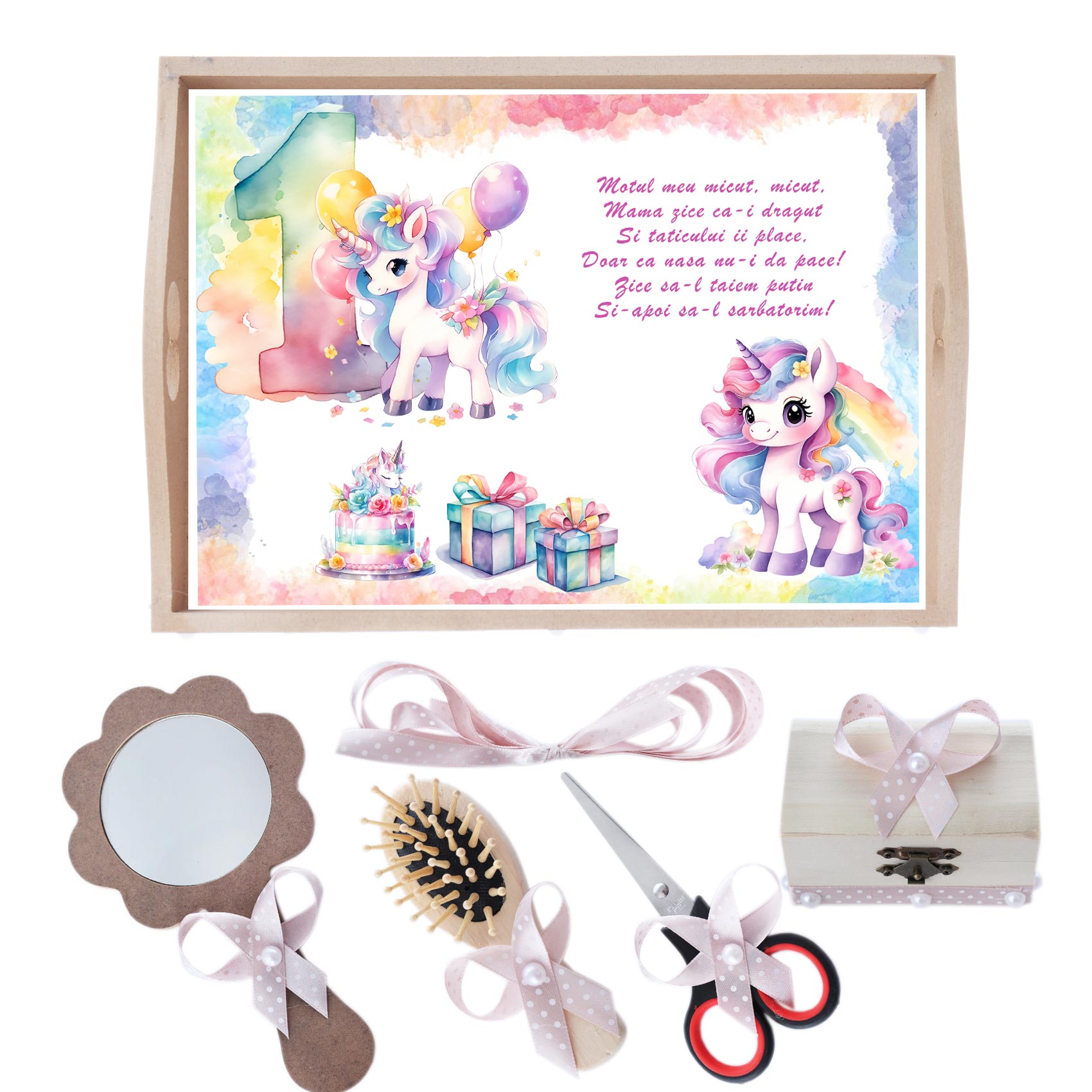 Set tava pentru taiere mot/turta la fete, model cu Unicorn, roz pudrat, 6 piese, 35x20 cm, Recostore®, REC1967/256