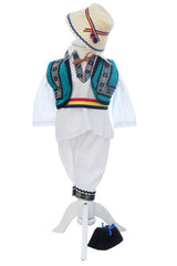 Costumas popular pentru botez baietel, alb-turcoaz, 6 piese,  REC3493