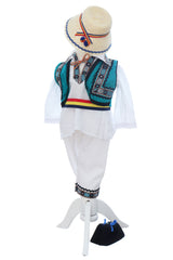 Costumas popular pentru botez baietel, alb-turcoaz, 6 piese,  REC3493
