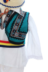 Costumas popular pentru botez baietel, alb-turcoaz, 6 piese,  REC3493