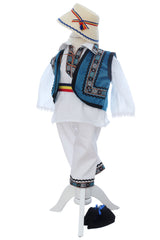 Costumas popular pentru botez baietel, alb-albastru, 6 piese,  REC3494