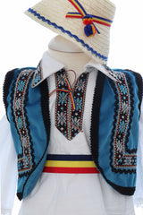 Costumas popular pentru botez baietel, alb-albastru, 6 piese,  REC3494