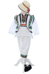 Costumas traditional romanesc pentru botez baietel, alb-verde, 6 piese, Recostore®, REC3495