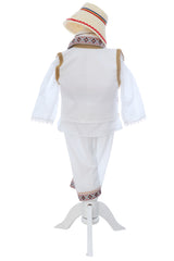 Costumas traditional romanesc pentru botez baietel, alb-crem, 6 piese, Recostore®, REC3496