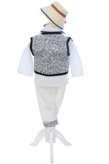 Costumas traditional romanesc pentru botez baietel, alb-gri, 6 piese, Recostore®, REC3497