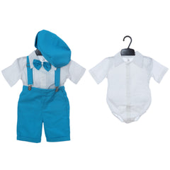 Costum cu maneca scurta pentru botez baieti, turcoaz compus din 4 piese, Pantaloni cu beretele, Camasa tip body, Papion si Bascuta, Recostore®, REC2705